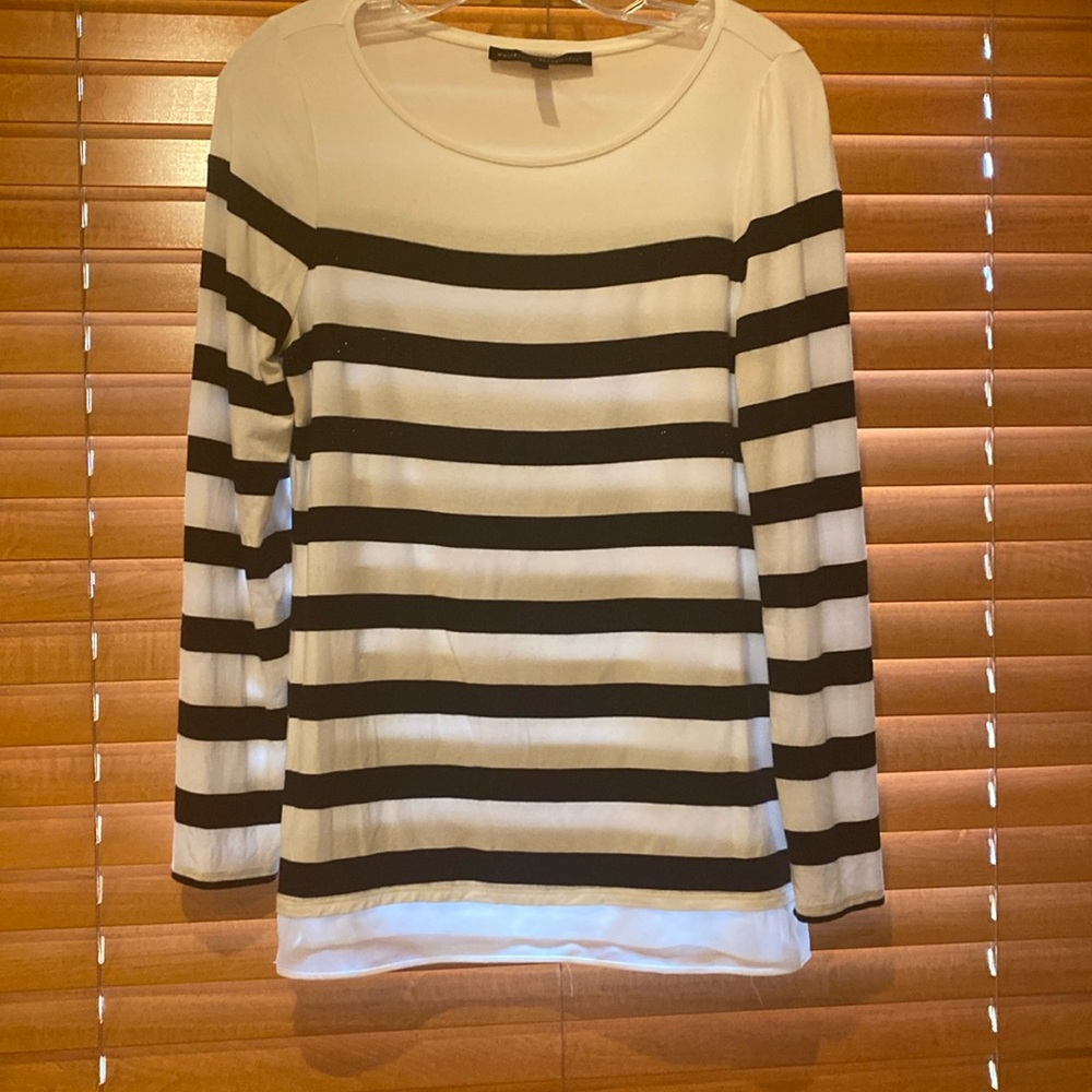White House Black Market sparkly navy & white striped silky-like blouse …